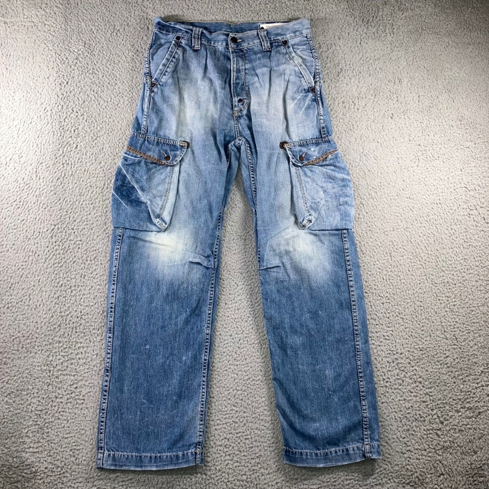 Vintage Sicko Nineteen Baggy Cargo Jeans 32x31.5 Curved Yoke Y2K Cyber Rave